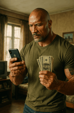 Hombre fuerte revisando su celular con dinero en mano tras ganar en Pin Up Casino desde casa en Honduras 2025