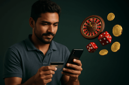 Hombre joven hondureño usando su celular y tarjeta para jugar en casino online con ruleta, dados y fichas flotando a su alrededor en 2025