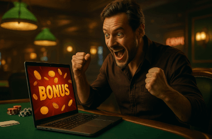 Hombre emocionado frente a laptop con pantalla de bono activado en un casino iluminado rodeado de fichas y cartas 2025