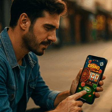 Hombre jugando tragamonedas en su celular al atardecer con interfaz de casino en pantalla y ambiente urbano relajado 2025